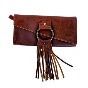 Vintage Leather Handbag Purse Clutch Wallet Fringe Brown Lisa Leonard